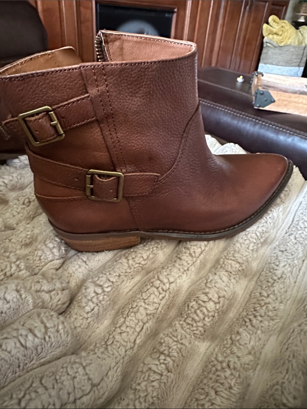 Lucky Brand Carolyn Women’s Brown Leather Ankle Boots with Buckle Detail